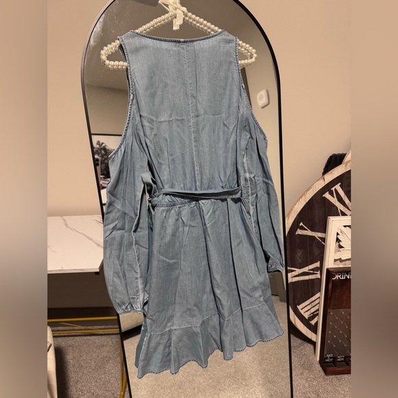 Express Light Wash Denim Cold Shoulder Ruffle Wrap Dress - Picture 6 of 7